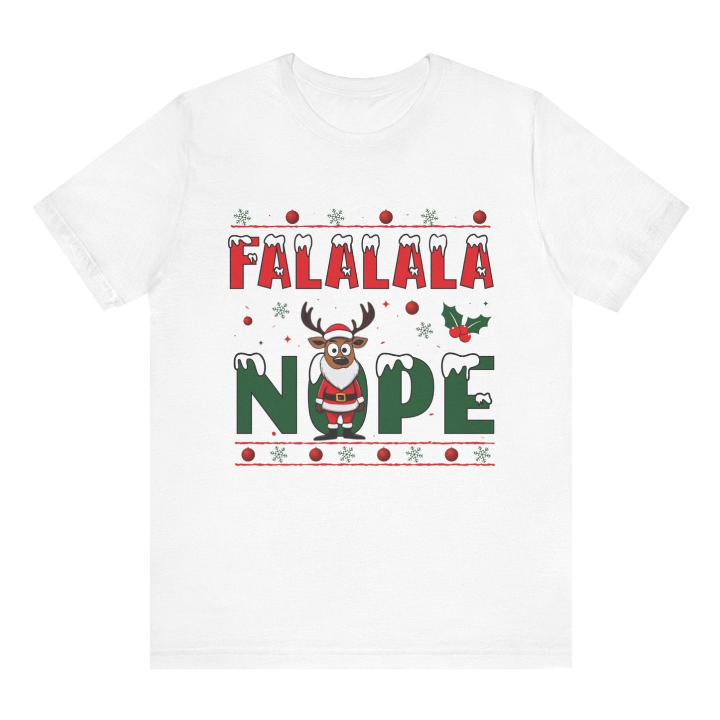 White t-shirt with Christmas-themed text and reindeer design on a white background