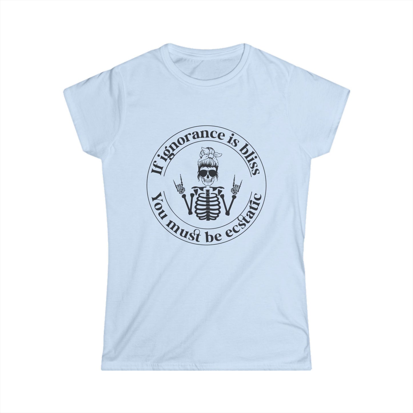 Light blue t-shirt with black text and graphics on a white background