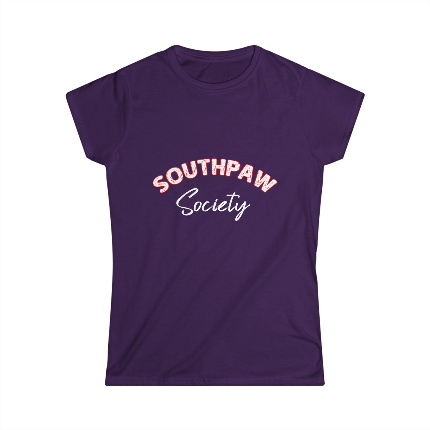 Purple t-shirt with 'Southpaw Society' text on a white background