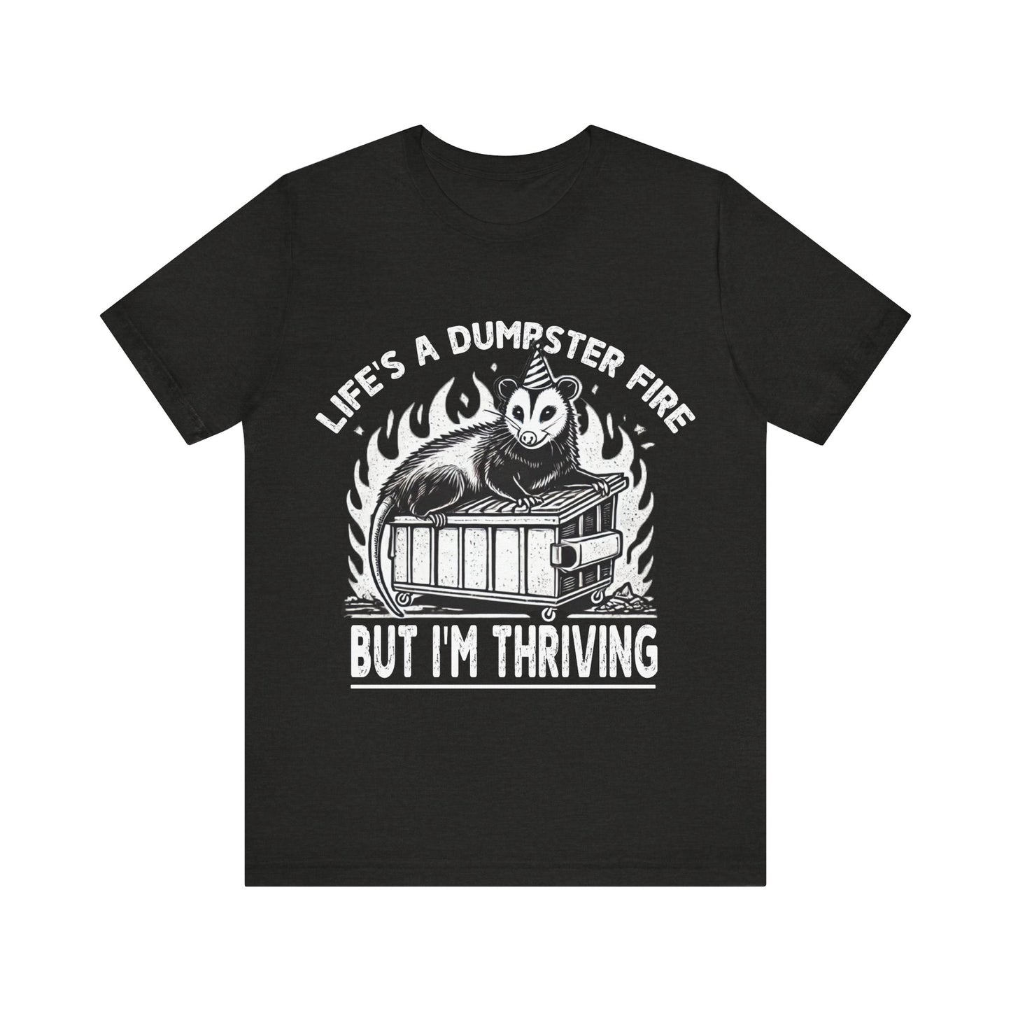Black t-shirt with graphic design and text on a white background