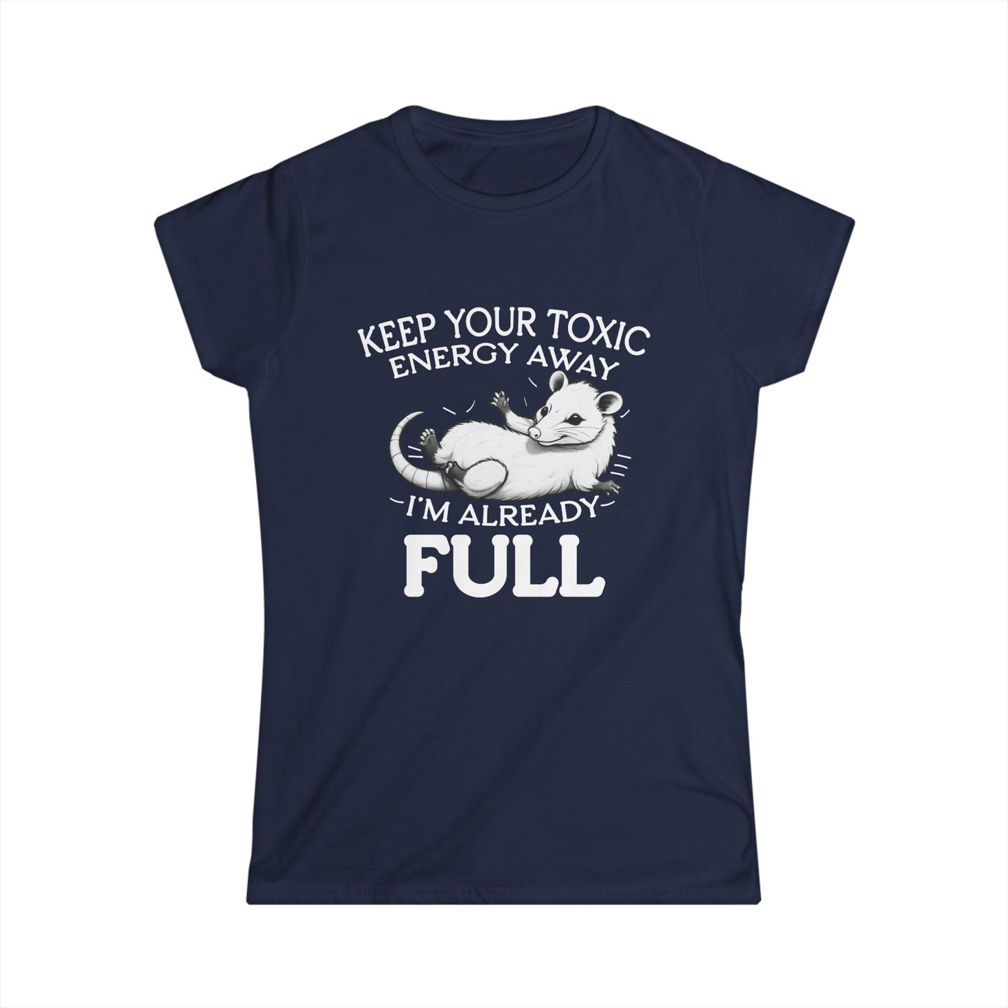 Navy blue t-shirt with white graphic and text on a white background