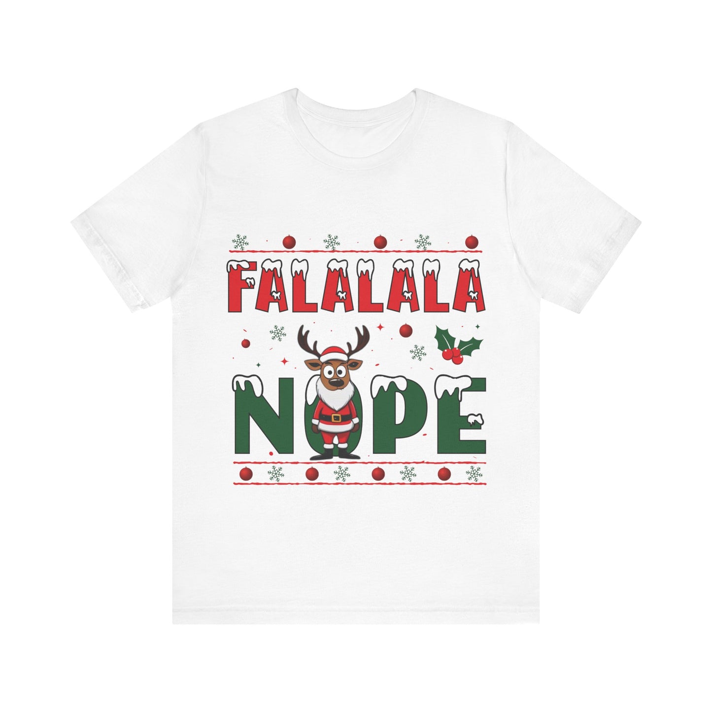 White t-shirt with Christmas-themed text and reindeer graphic on a white background