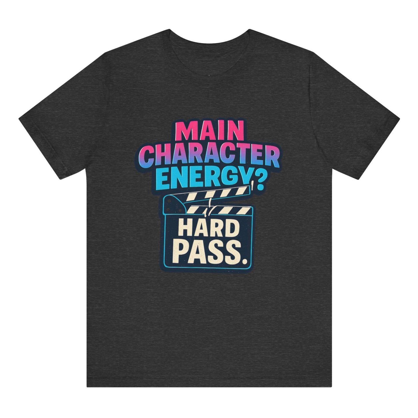 Black t-shirt with colorful text design on a white background