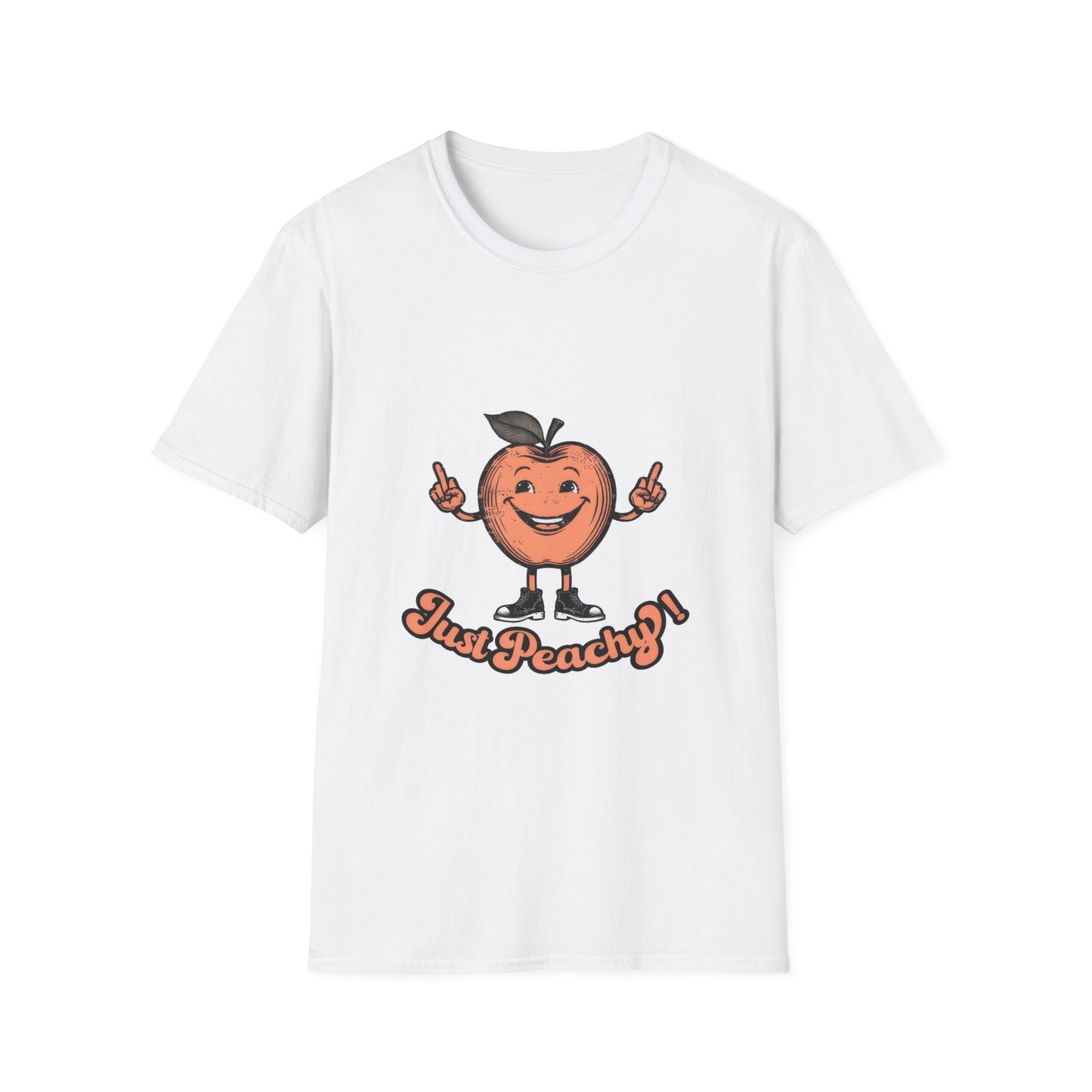 A blue men's crew neck t-shirt with the text 'Just Peachy' and an illustration of a peach with a face on it.