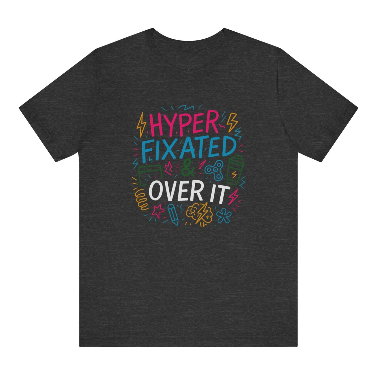 Black t-shirt with colorful text design on a white background
