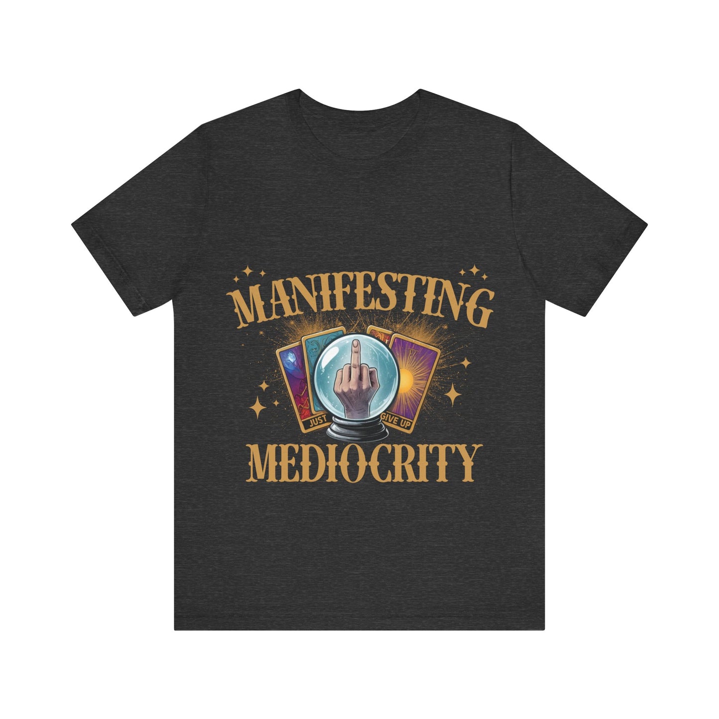 Black t-shirt with a graphic design and text on a white background