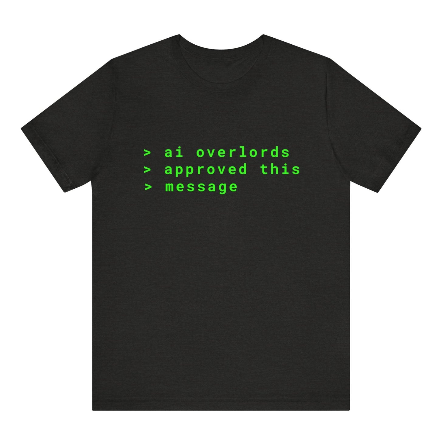 Black t-shirt with green text on a white background