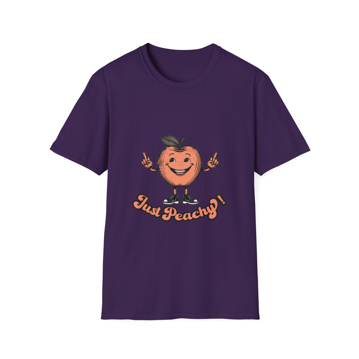 A blue men's crew neck t-shirt with the text 'Just Peachy' and an illustration of a peach with a face on it.