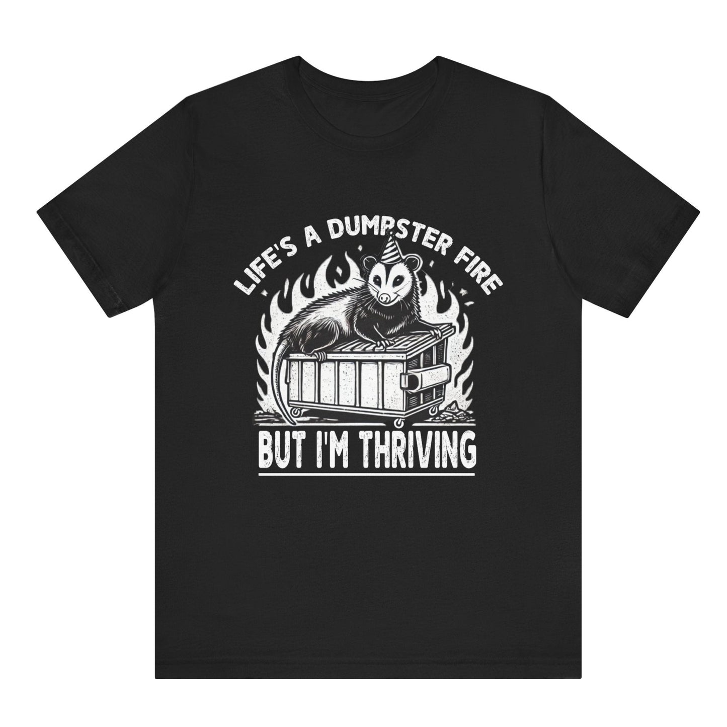 Black t-shirt with graphic design and text on a white background