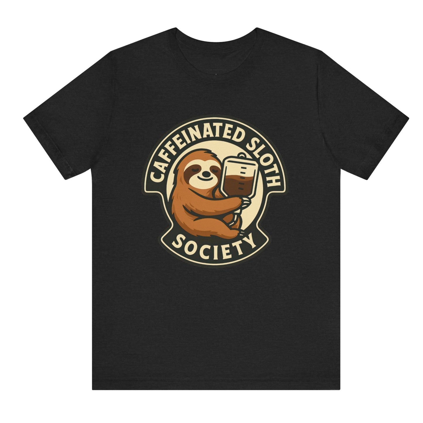Black t-shirt with a sloth holding a coffee cup and 'Caffeinated Sloth Society' text on a white background