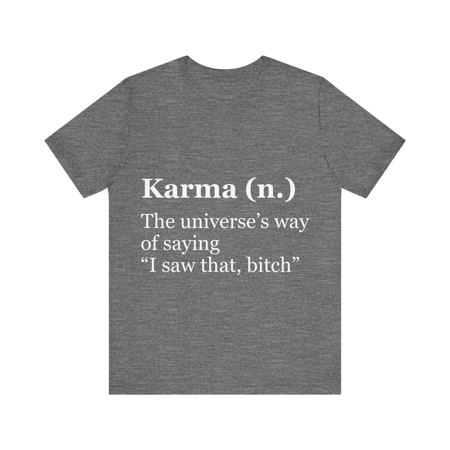 Gray t-shirt with white text on a white background
