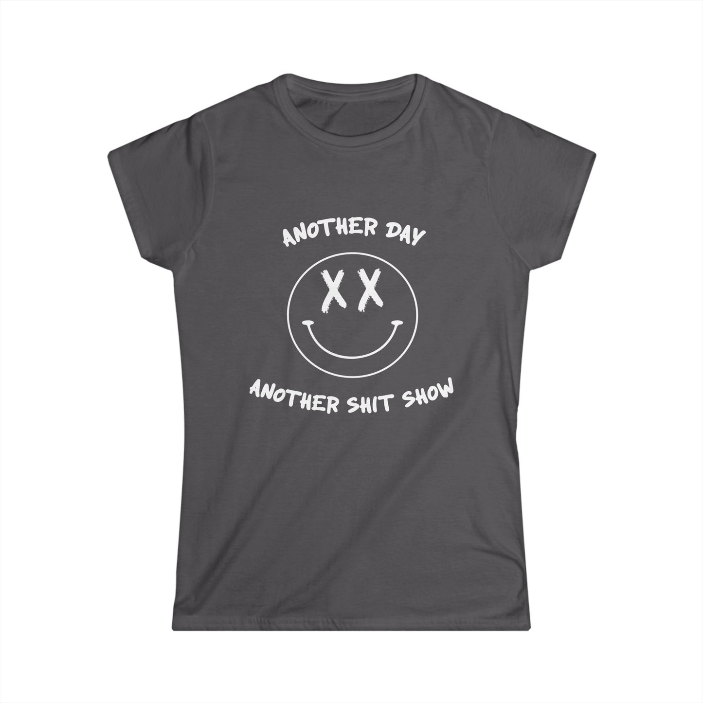 Gray t-shirt with white graphic and text on a white background