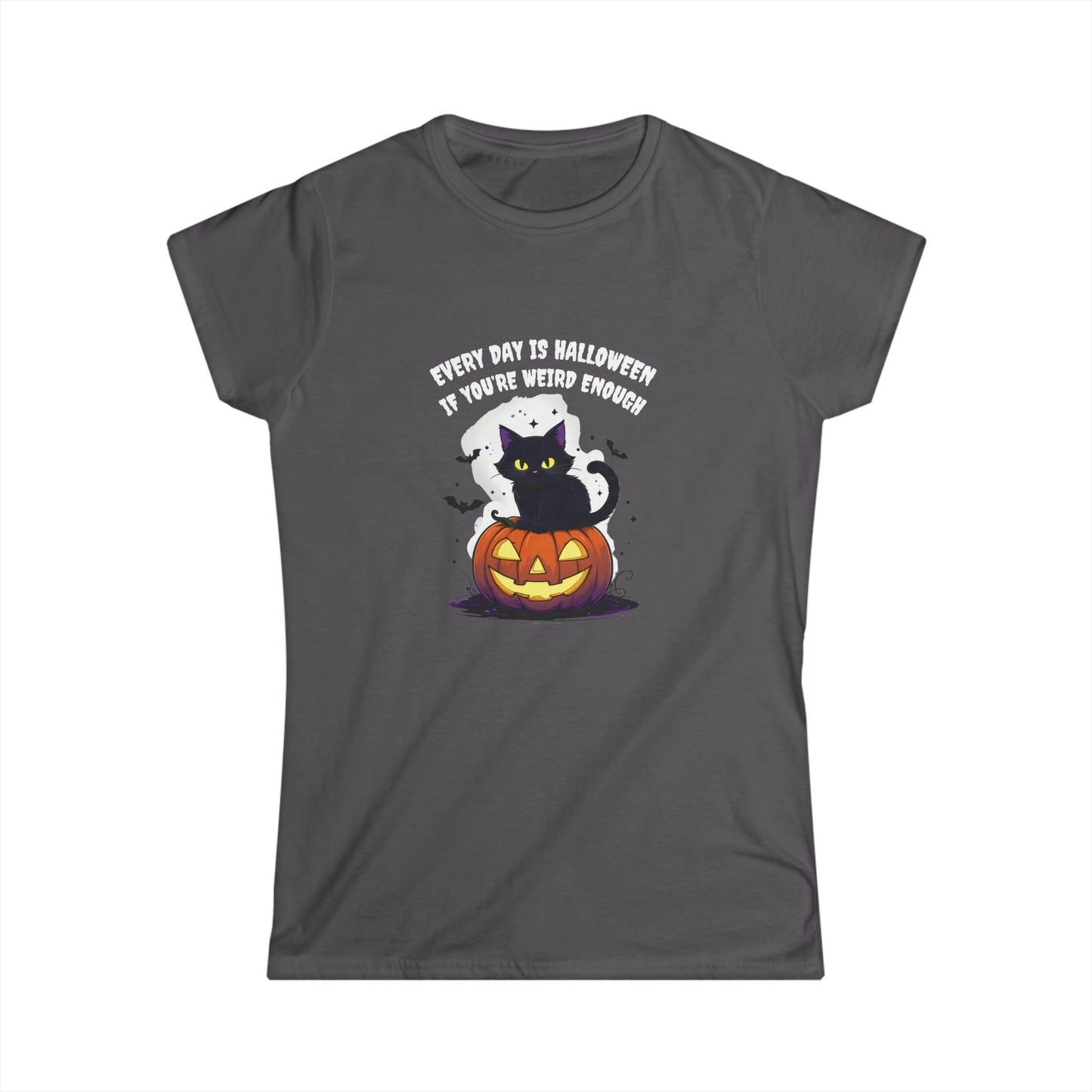 Dark gray t-shirt with Halloween design featuring a cat and pumpkin on a white background