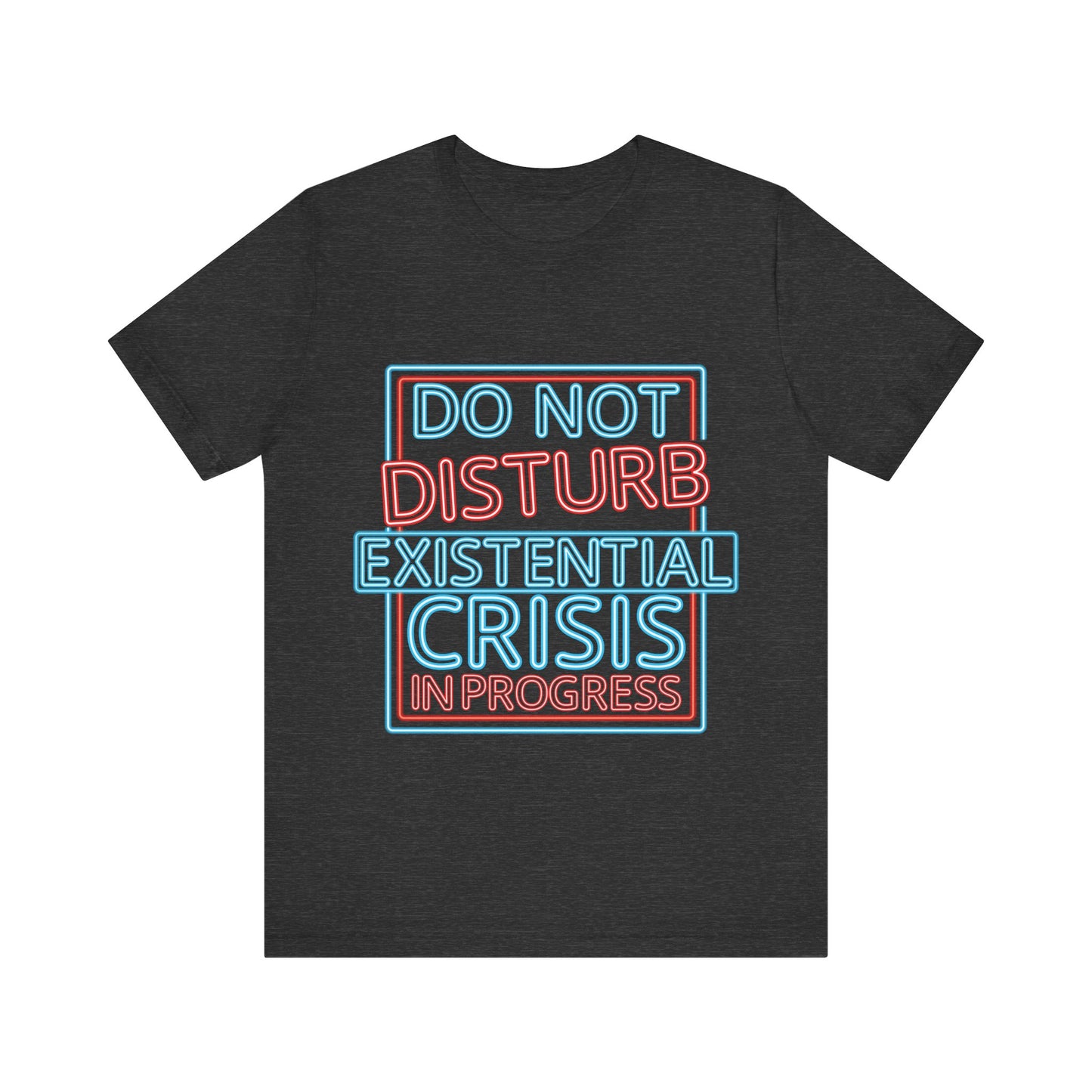 Black t-shirt with colorful text design on a white background