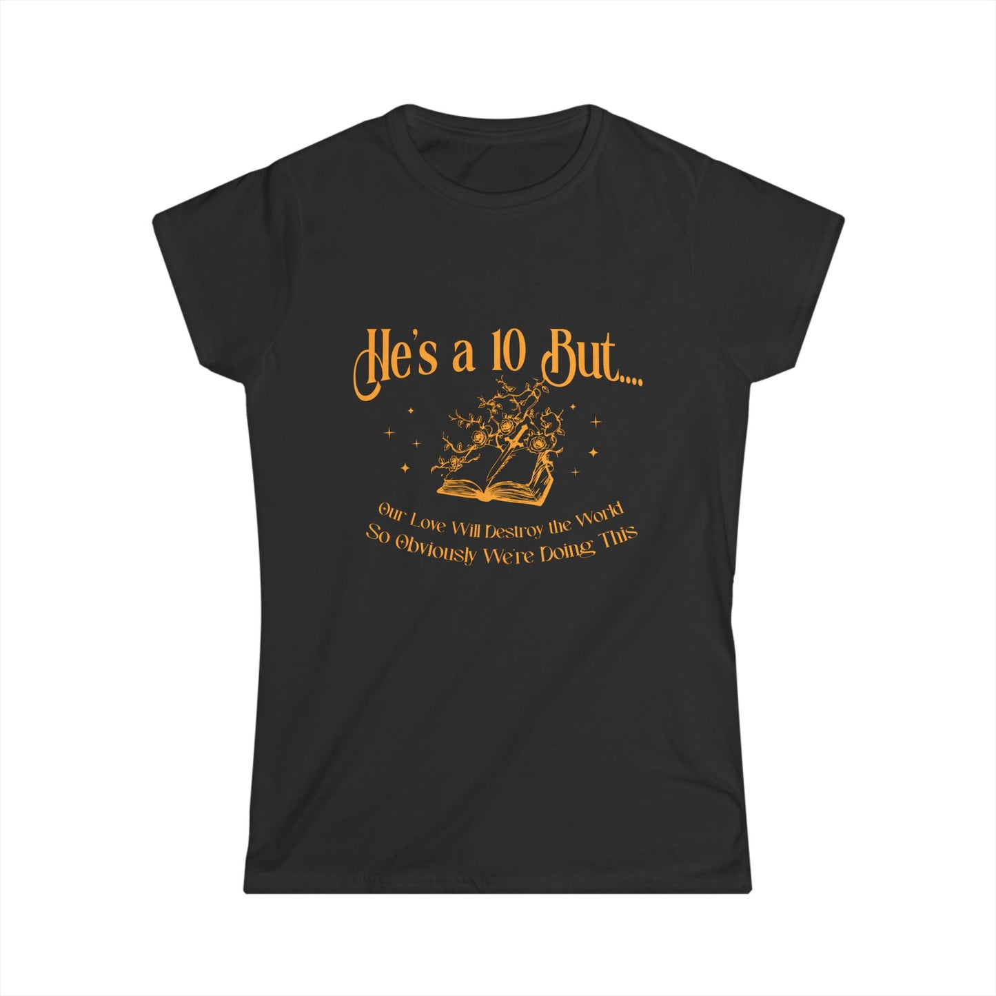 Black t-shirt with yellow text and graphic on a white background