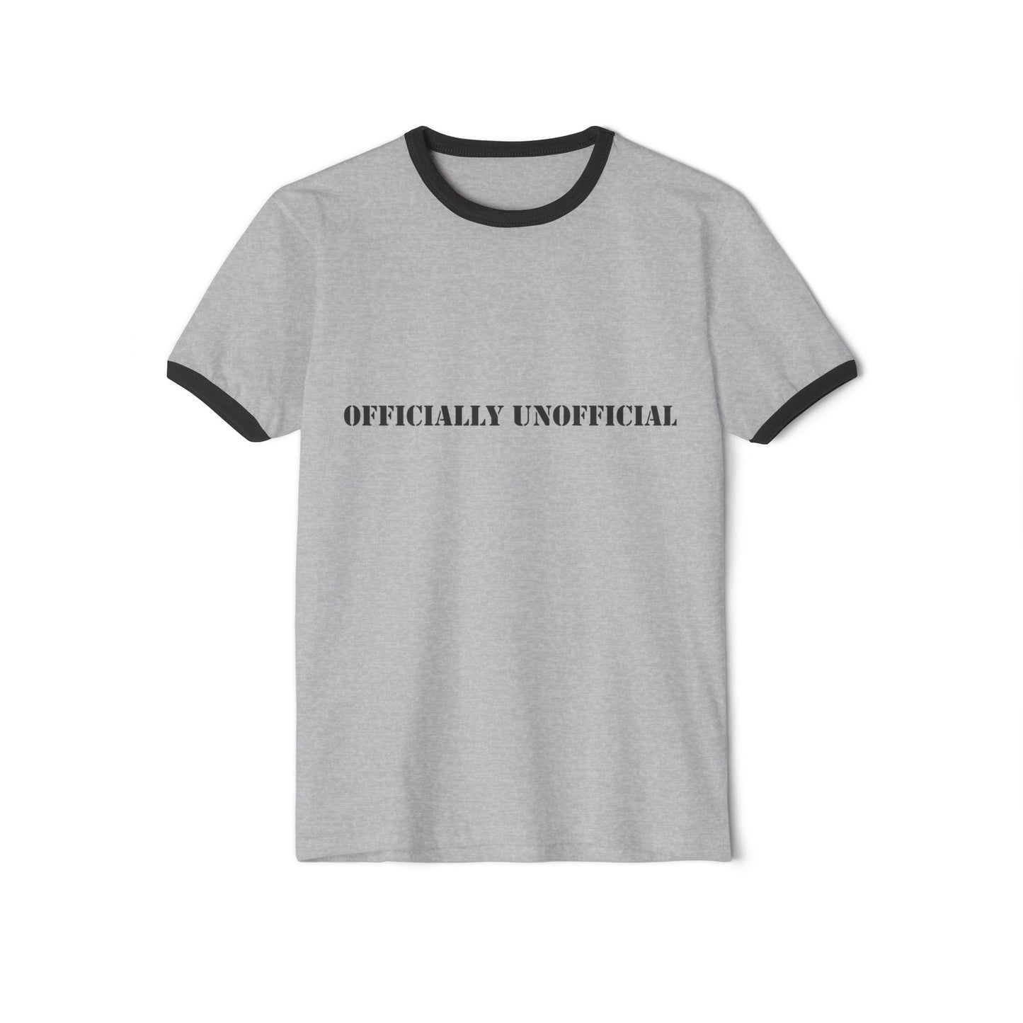 Gray t-shirt with black text and trim on a white background