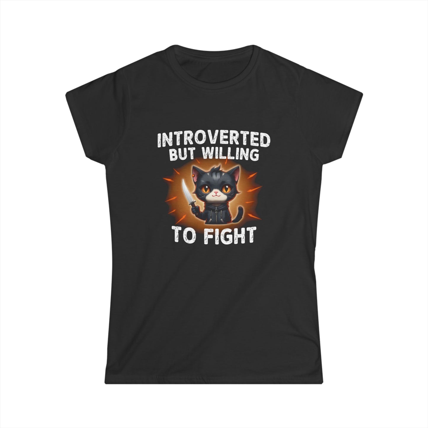 Black t-shirt with a graphic of a cat and text 'Introverted but willing to fight' on a white background