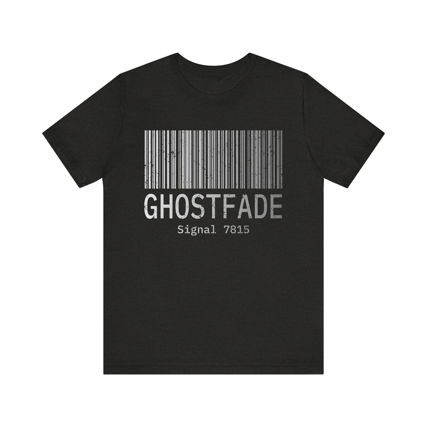 Black t-shirt with barcode design and 'GHOSTFADE' text on a white background