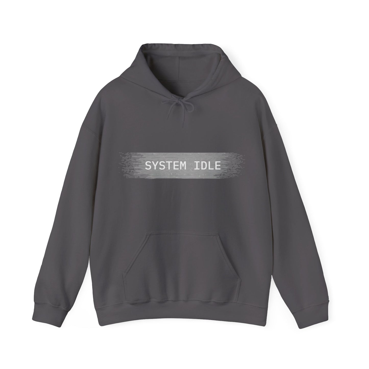 Gray hoodie with 'SYSTEM IDLE' text on a white background
