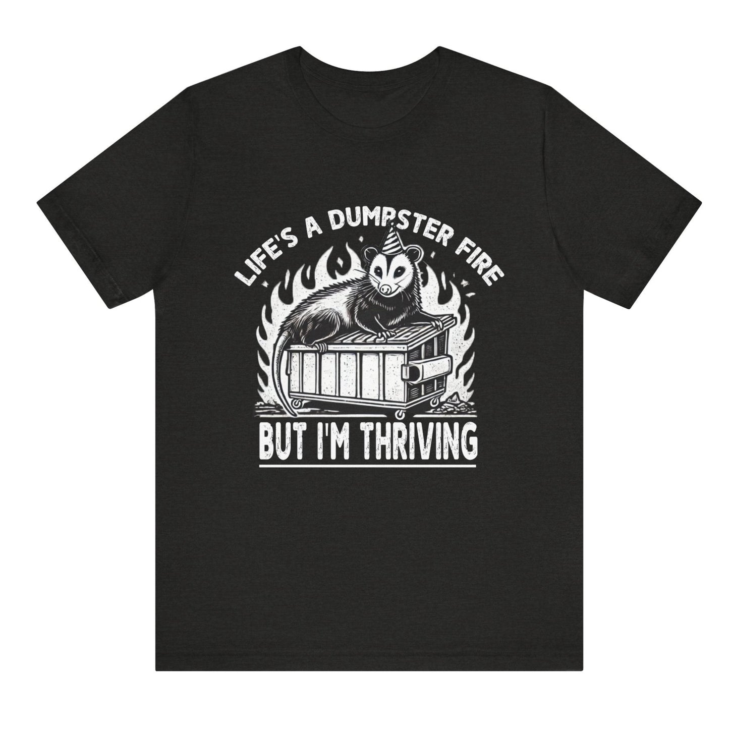 Black t-shirt with graphic design and text on a white background
