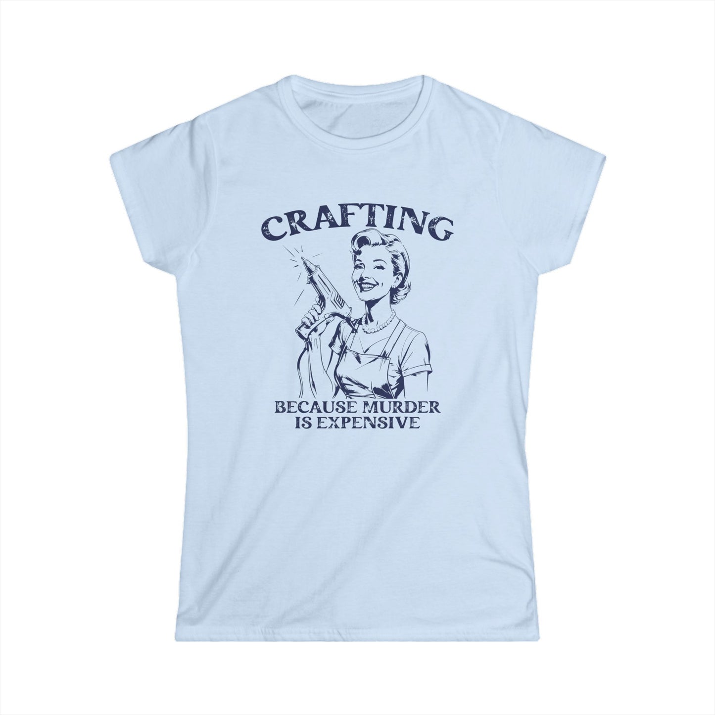 Light blue t-shirt with graphic design and text on a white background