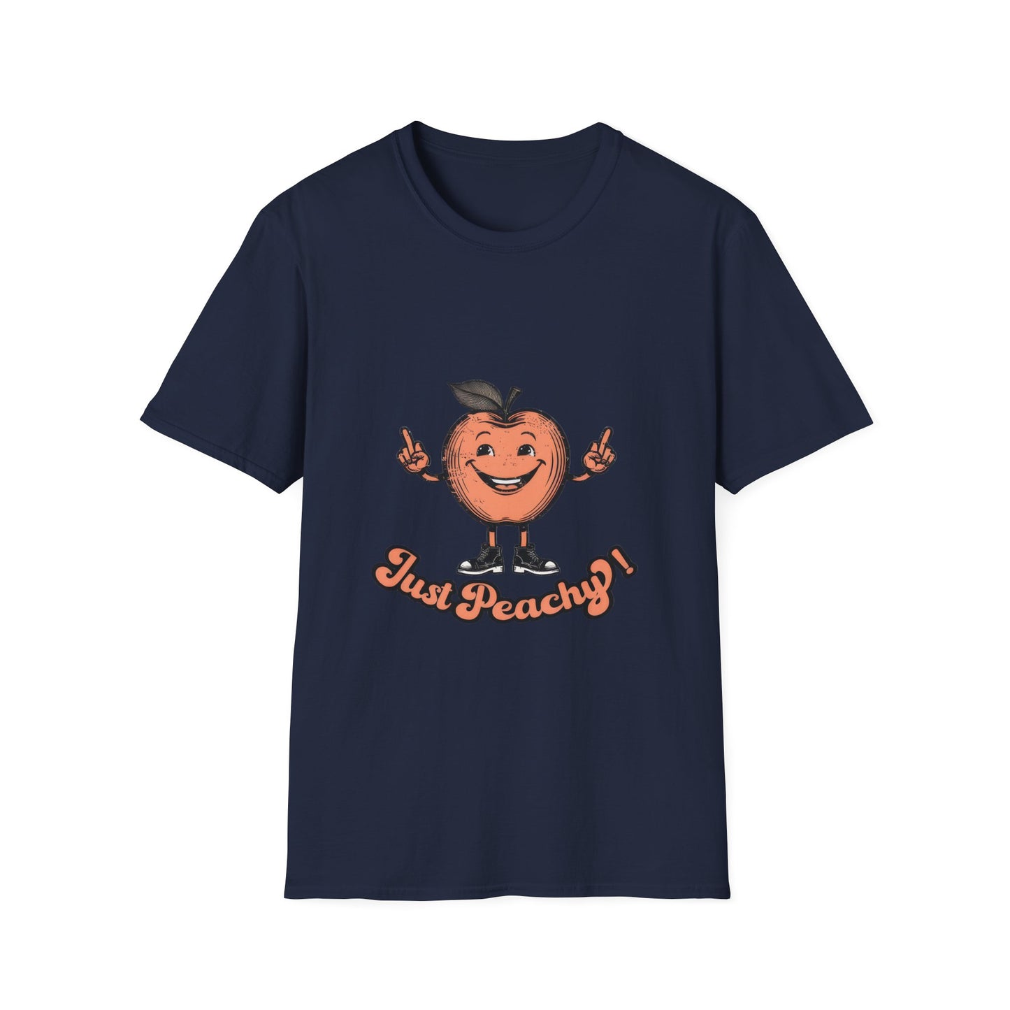 A blue men's crew neck t-shirt with the text 'Just Peachy' and an illustration of a peach with a face on it.