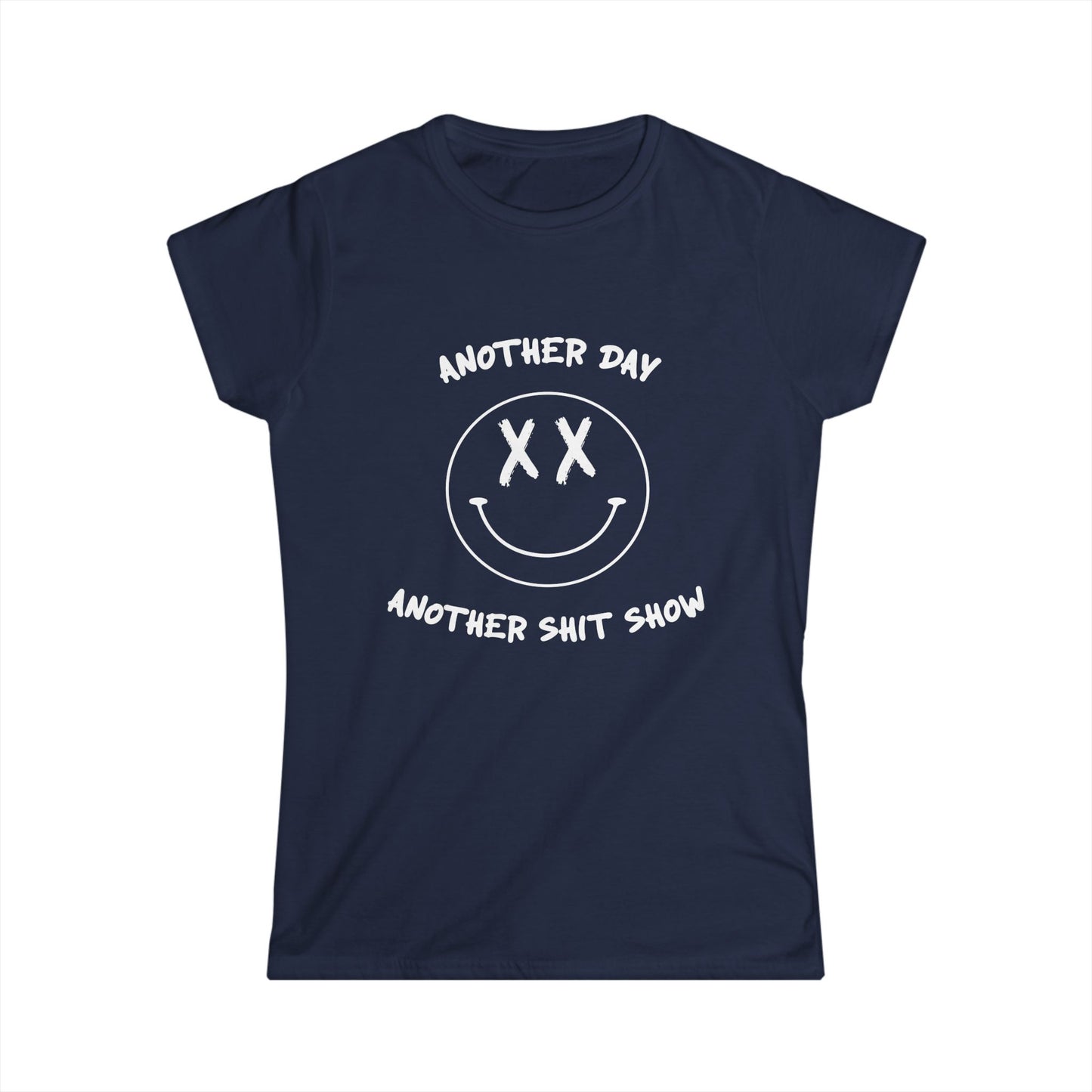 Navy blue t-shirt with white graphic and text on a white background
