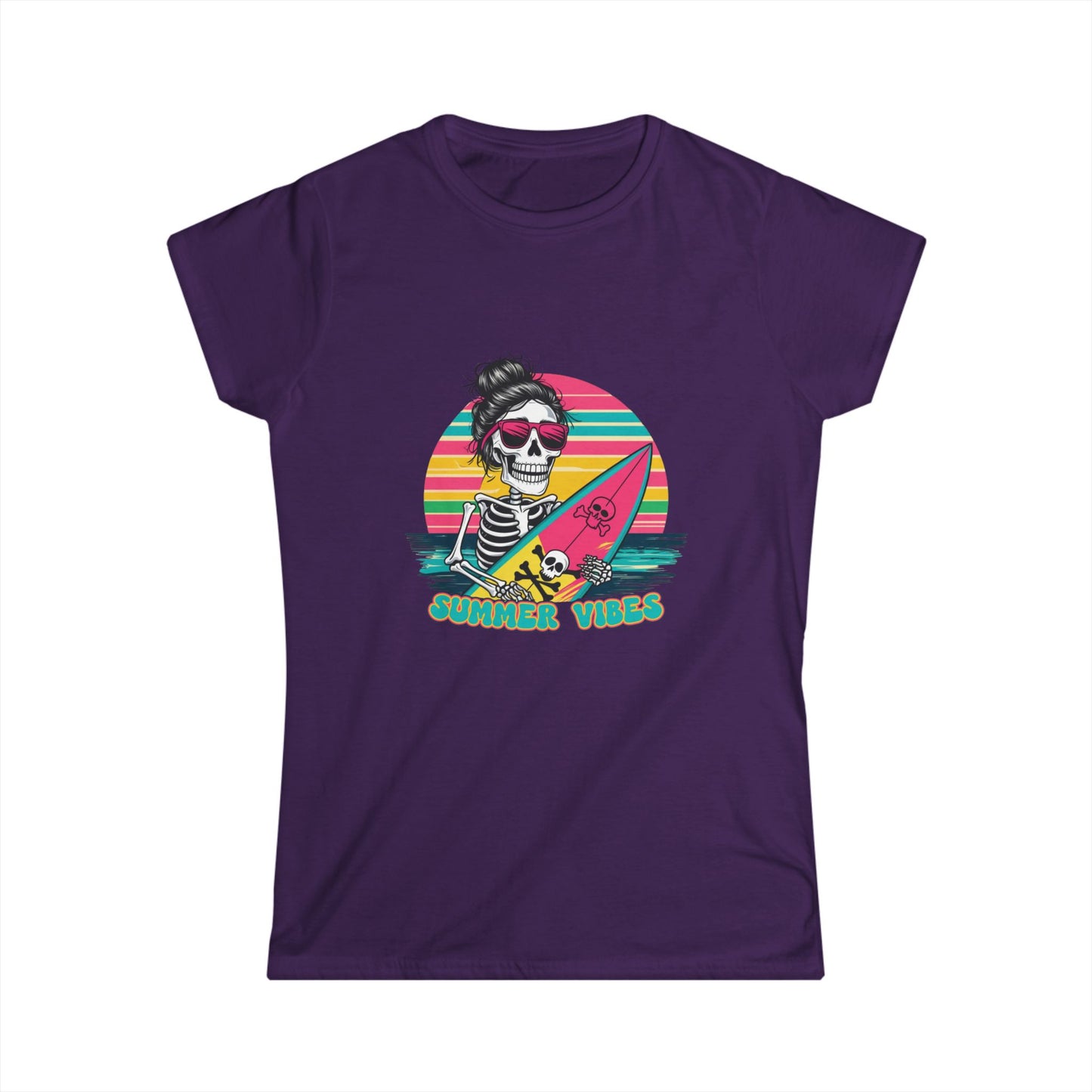 Black women's t-shirt with a graphic of a skeleton holding a surfboard and text 'Summer Vibes' against a colorful striped background.