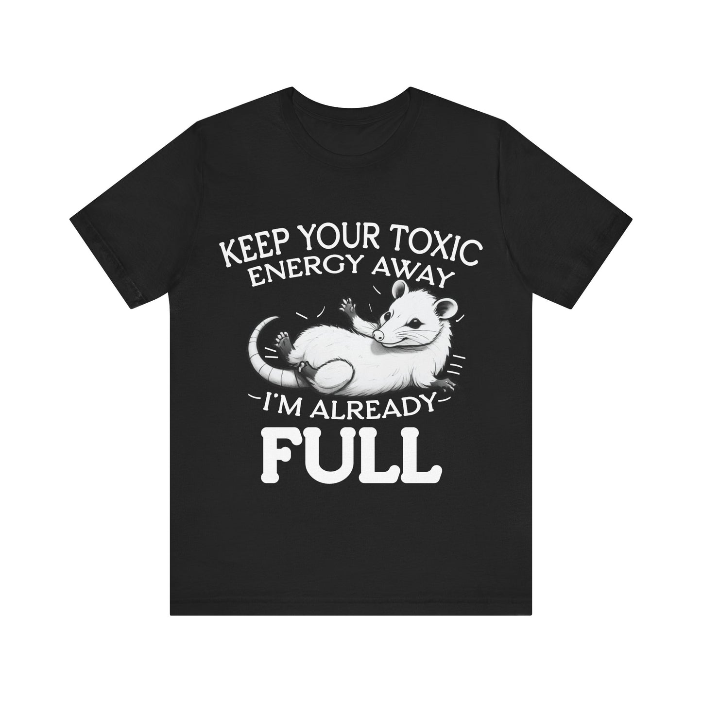 Black t-shirt with white graphic and text on a white background