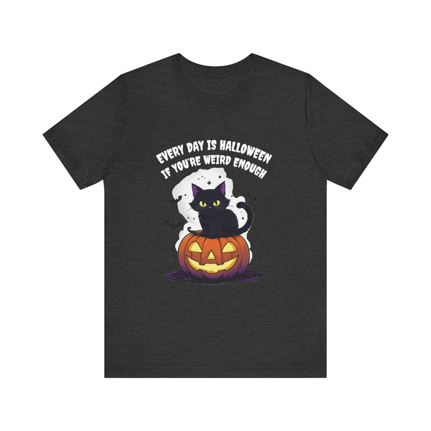 Black t-shirt with Halloween design featuring a cat and ghost on a pumpkin, text 'Every day is Halloween if you're weird enough'.