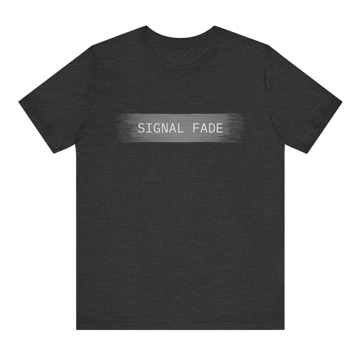 Black t-shirt with 'SIGNAL FADE' text on a white background