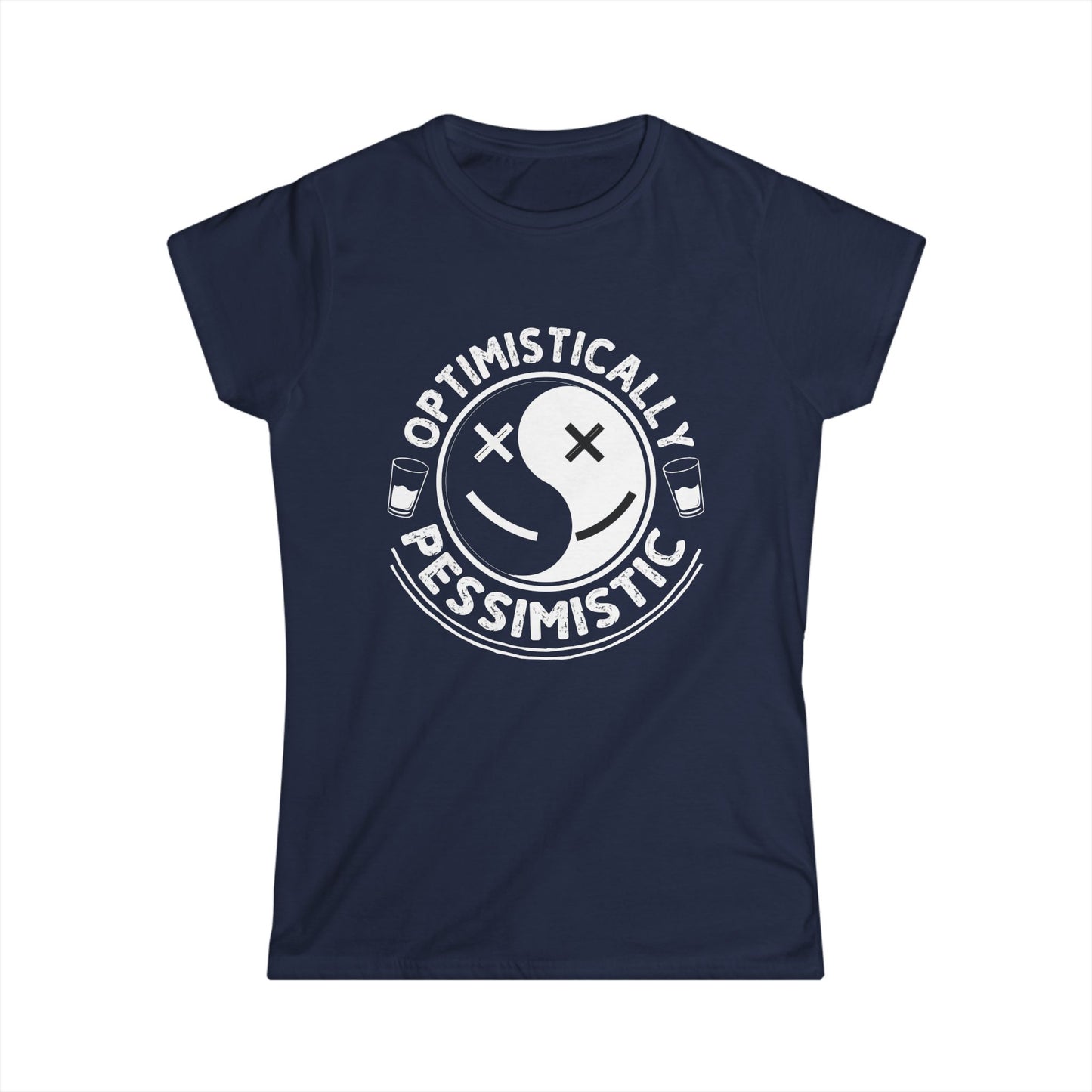 Navy blue t-shirt with white graphic and text on a white background