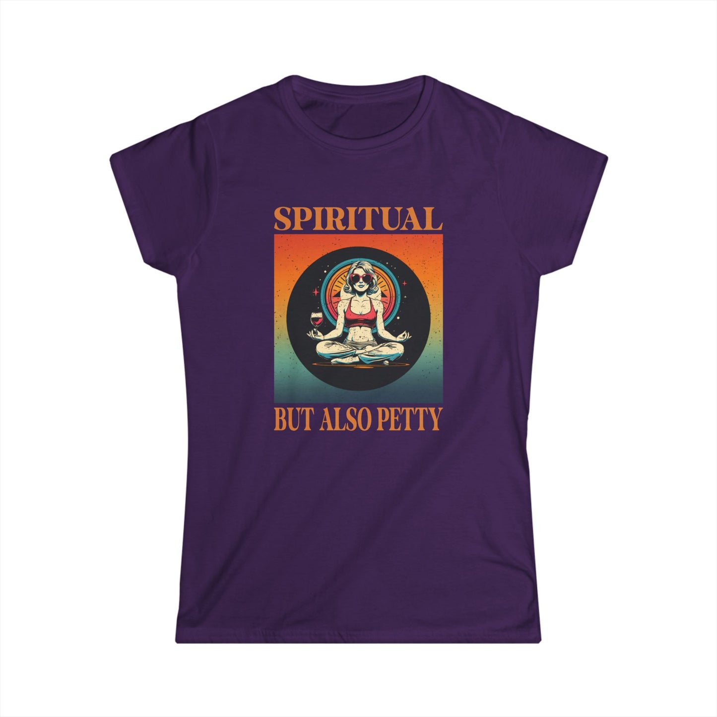 Purple t-shirt with 'Spiritual But Also Petty' graphic design on a white background