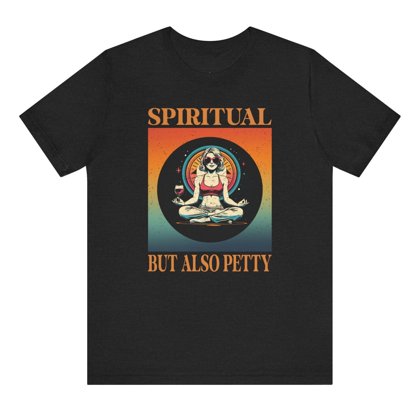 Black t-shirt with a graphic design and text 'Spirited but also petty' on a white background