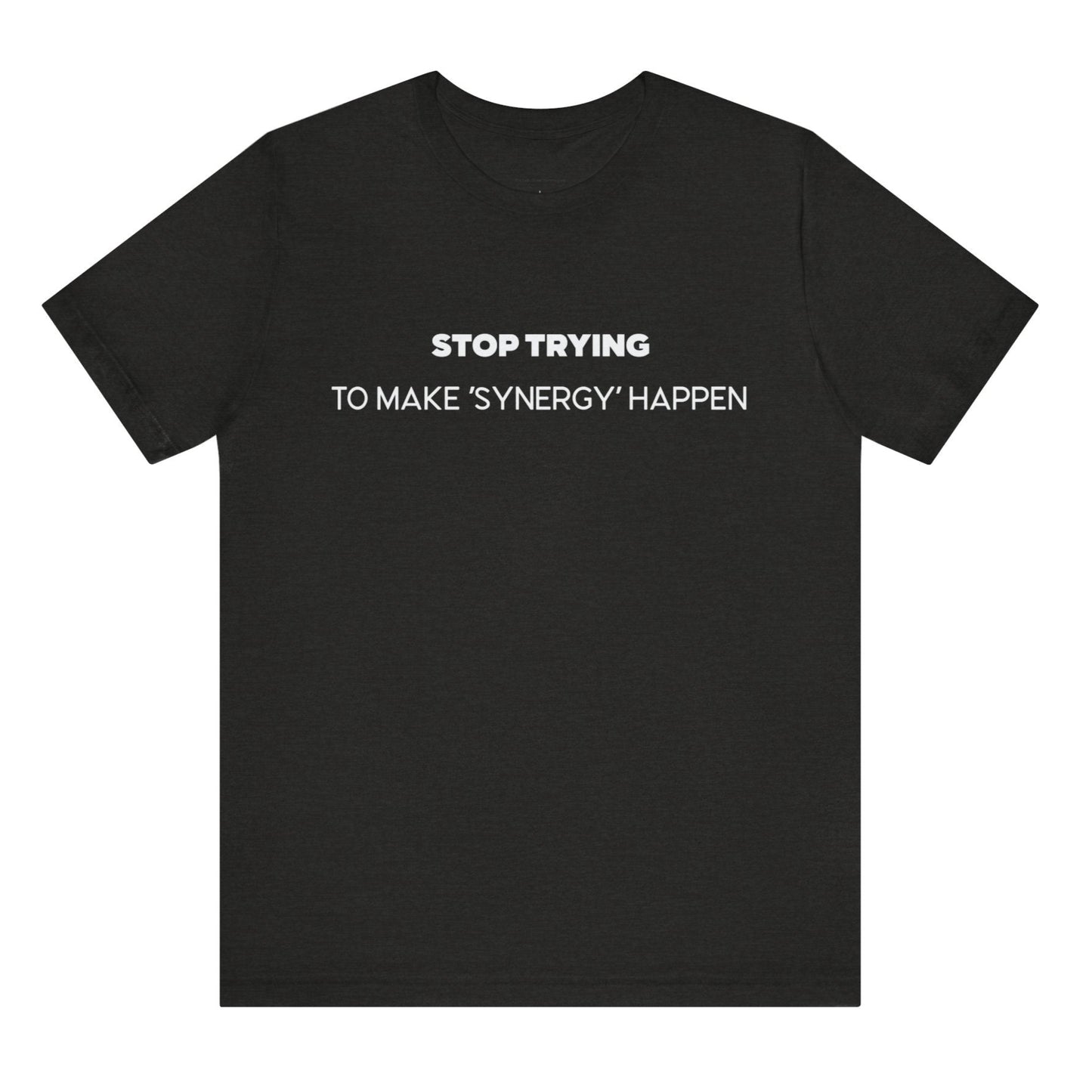 Black t-shirt with white text on a white background
