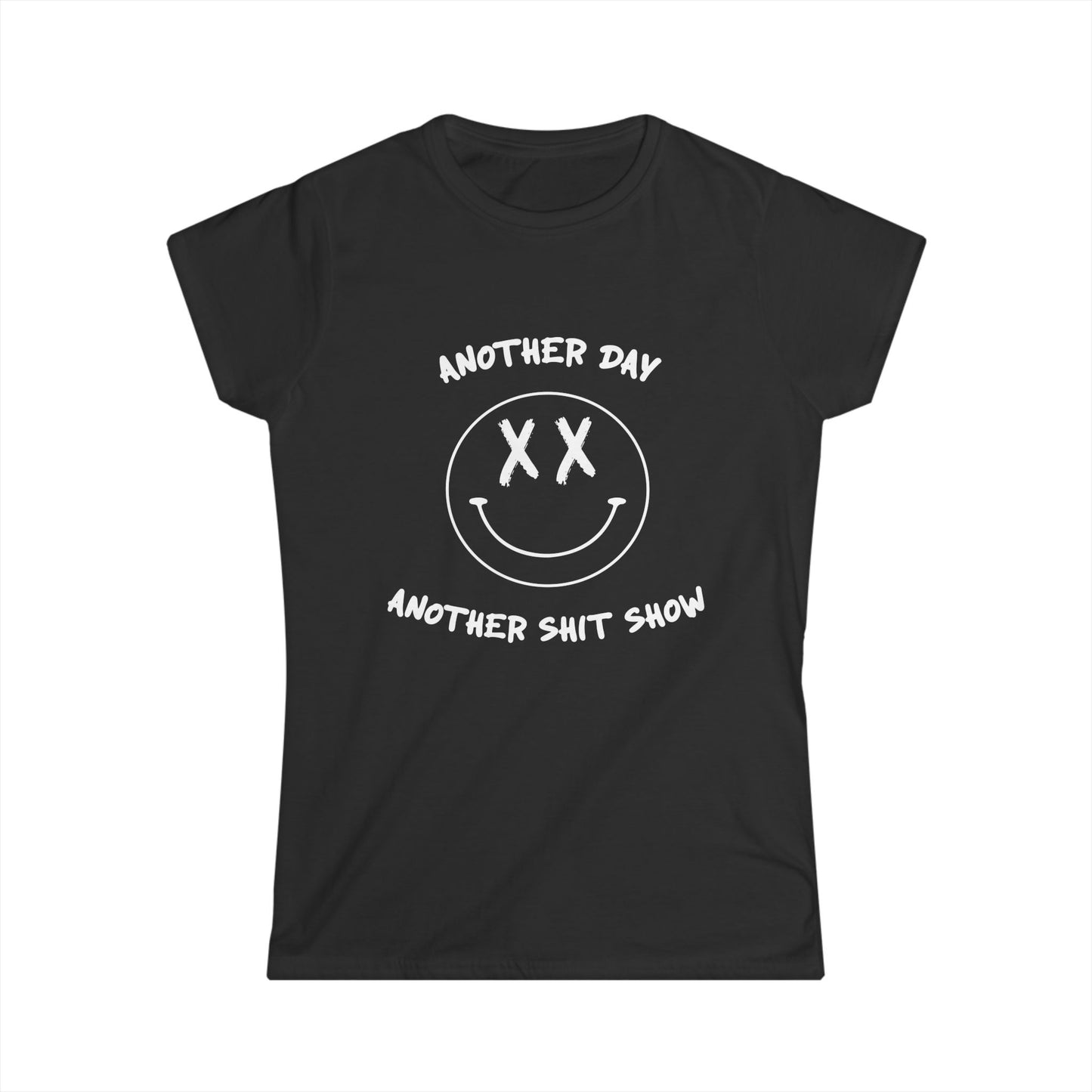 Black t-shirt with white graphic and text on a white background