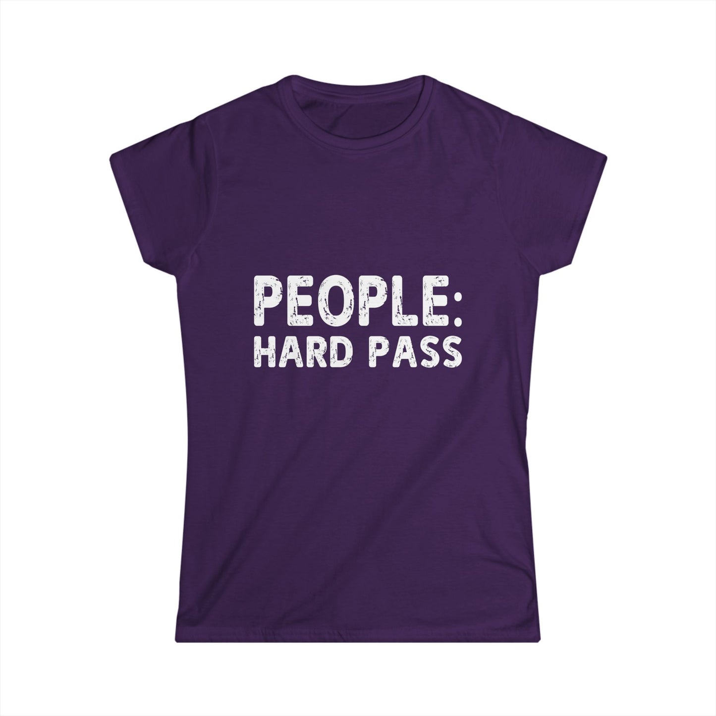 Purple t-shirt with 'PEOPLE: HARD PASS' text on a white background