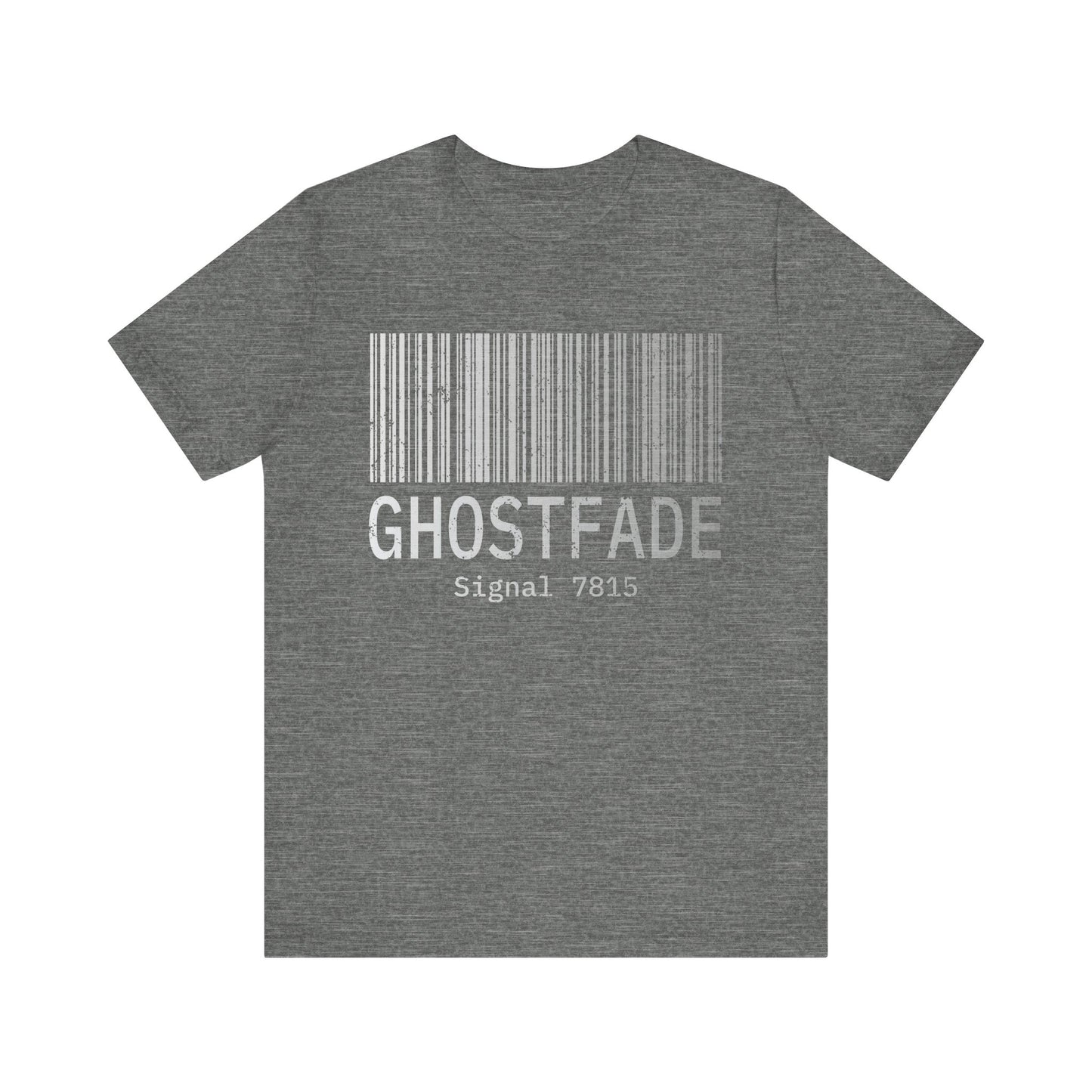 Gray t-shirt with a barcode and text on the back against a white background