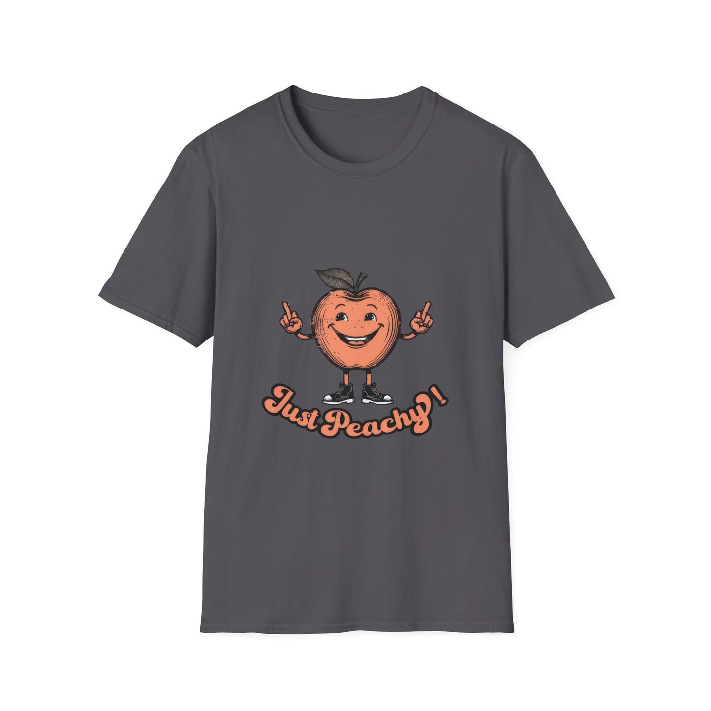 A blue men's crew neck t-shirt with the text 'Just Peachy' and an illustration of a peach with a face on it.