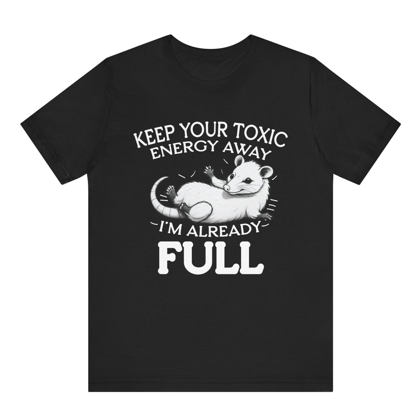 Black t-shirt with white graphic and text on a white background
