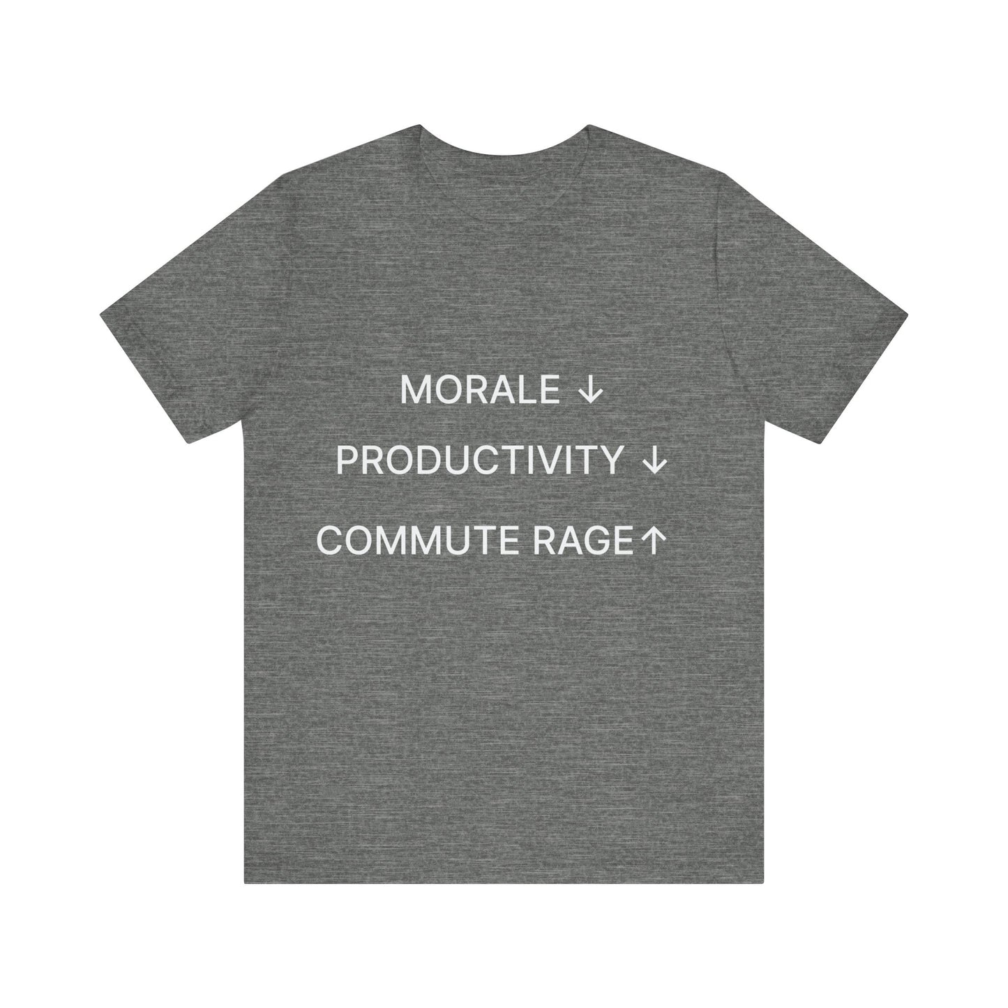 Gray t-shirt with white text on a white background