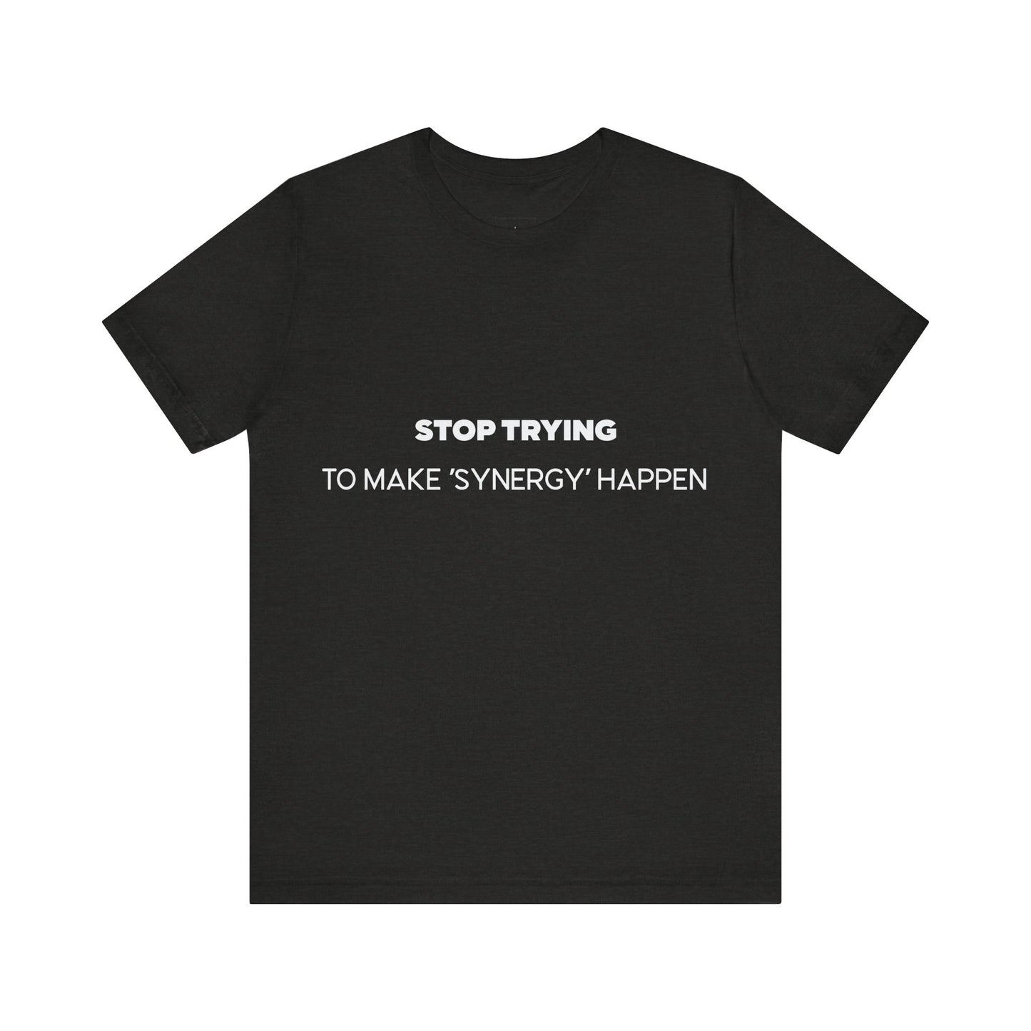 Black t-shirt with white text on a white background