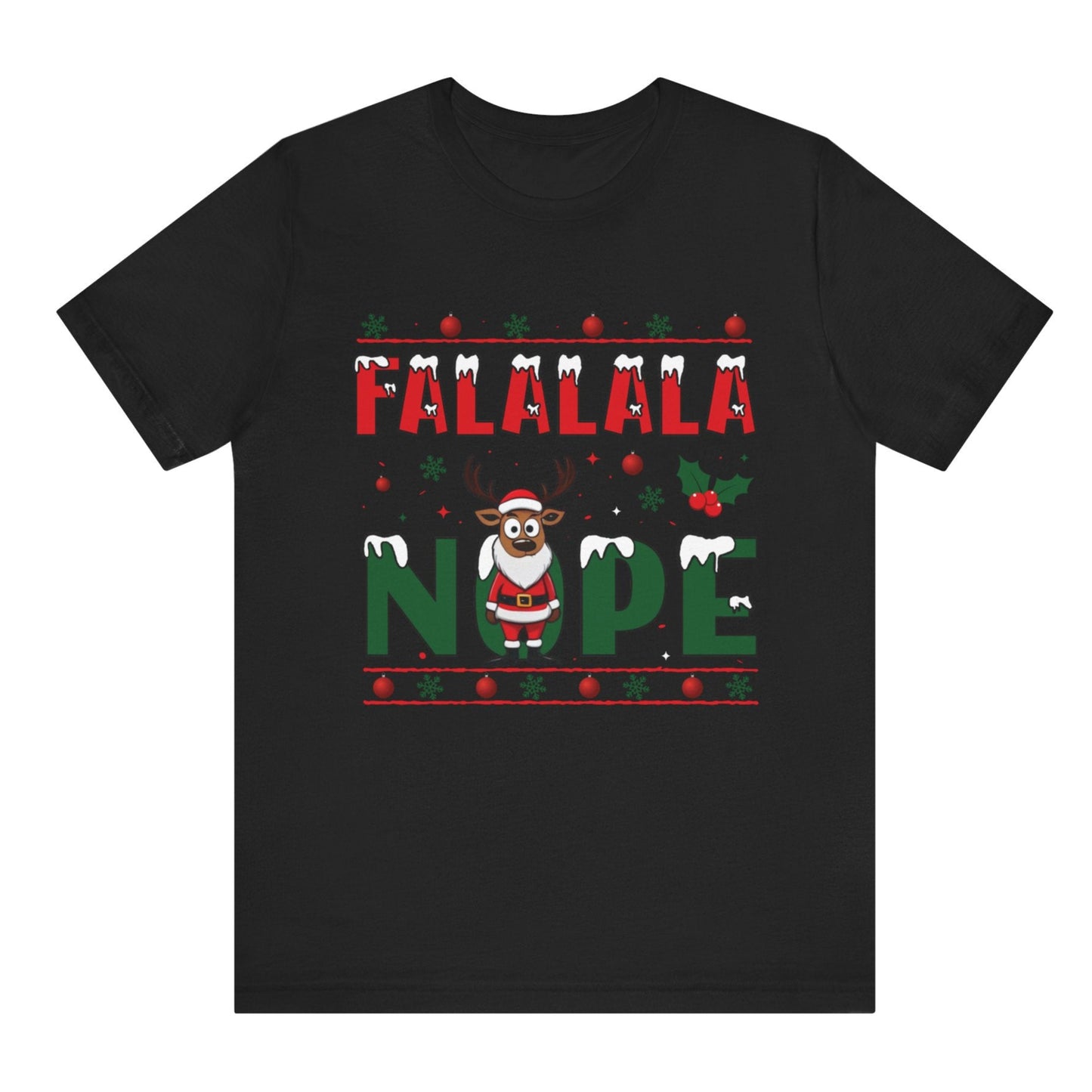 Black t-shirt with Christmas-themed text and graphics on a white background