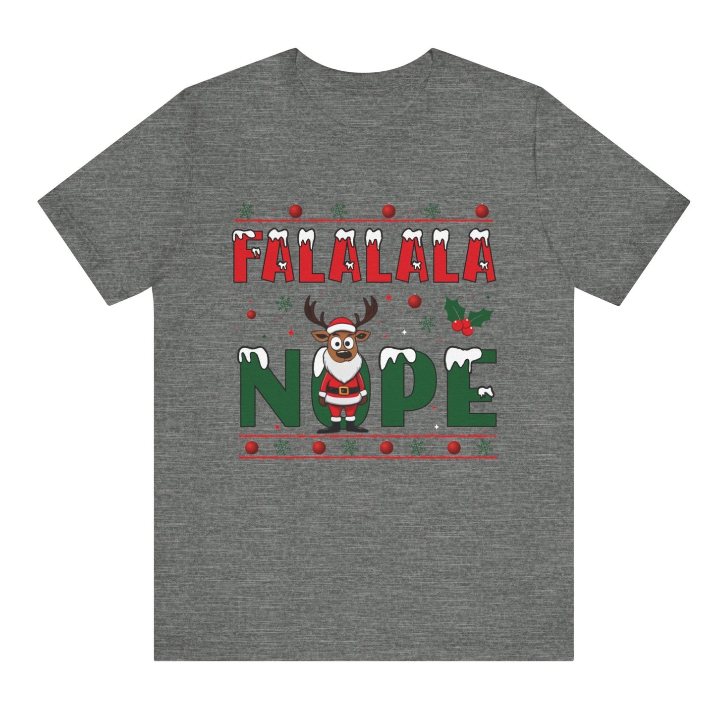 Gray t-shirt with Christmas-themed graphic and text on a white background