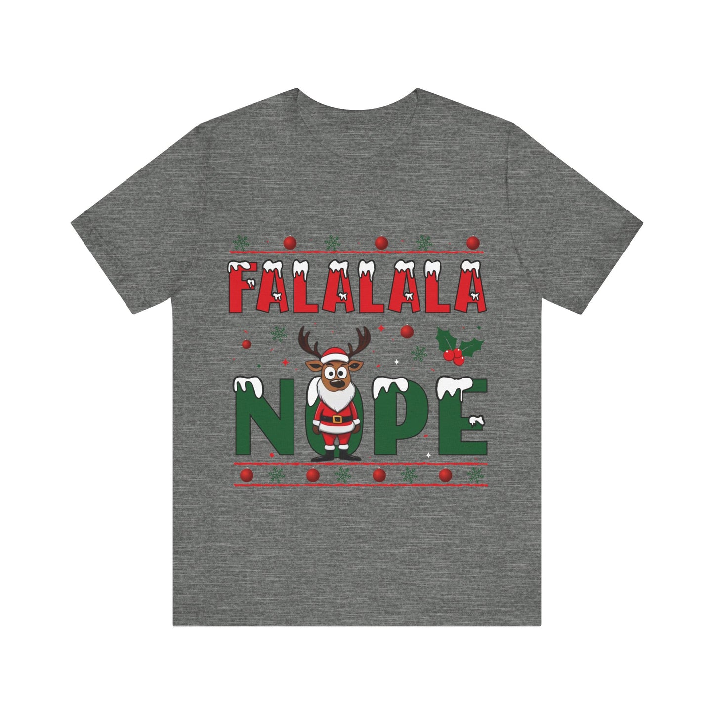 Gray t-shirt with Christmas-themed design featuring a reindeer and text on a white background