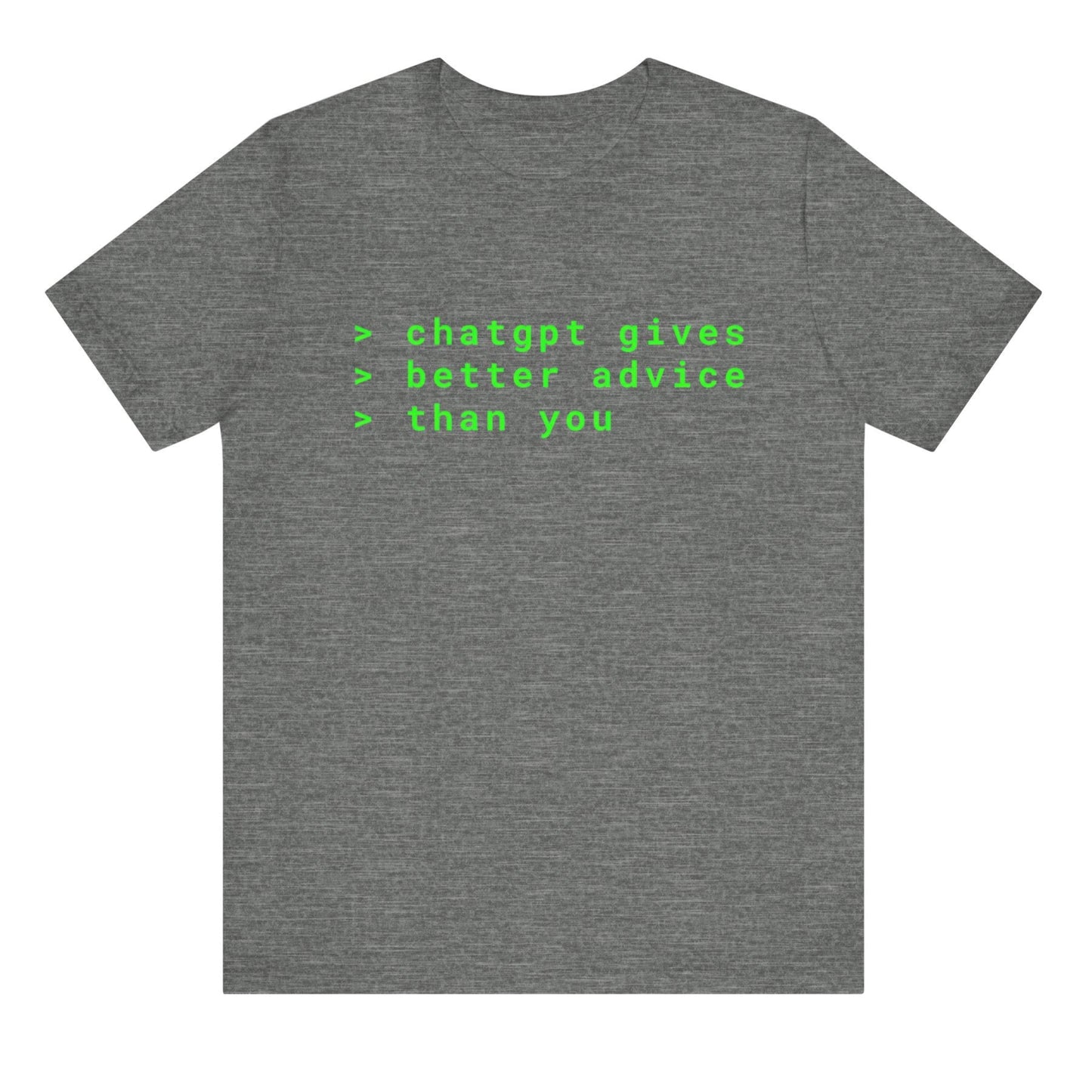 Gray t-shirt with green text on a white background