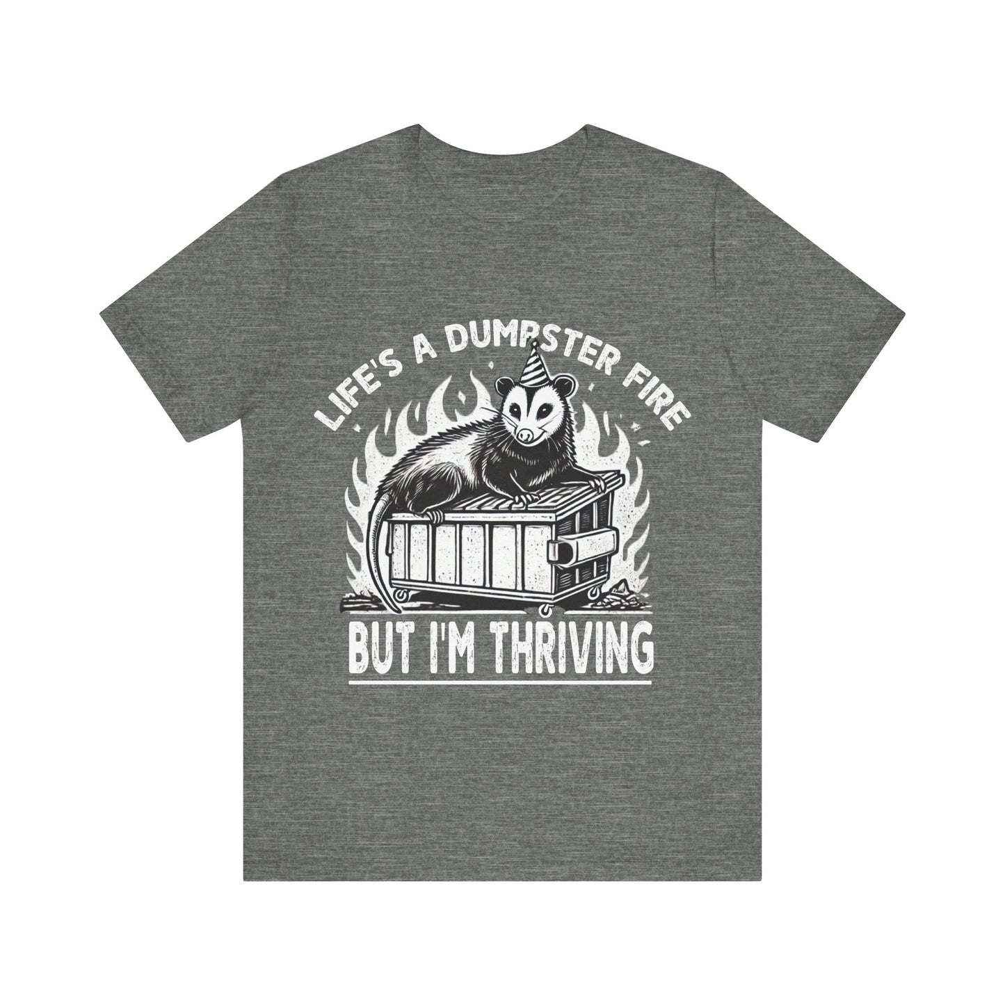 Gray t-shirt with graphic design and text on a white background