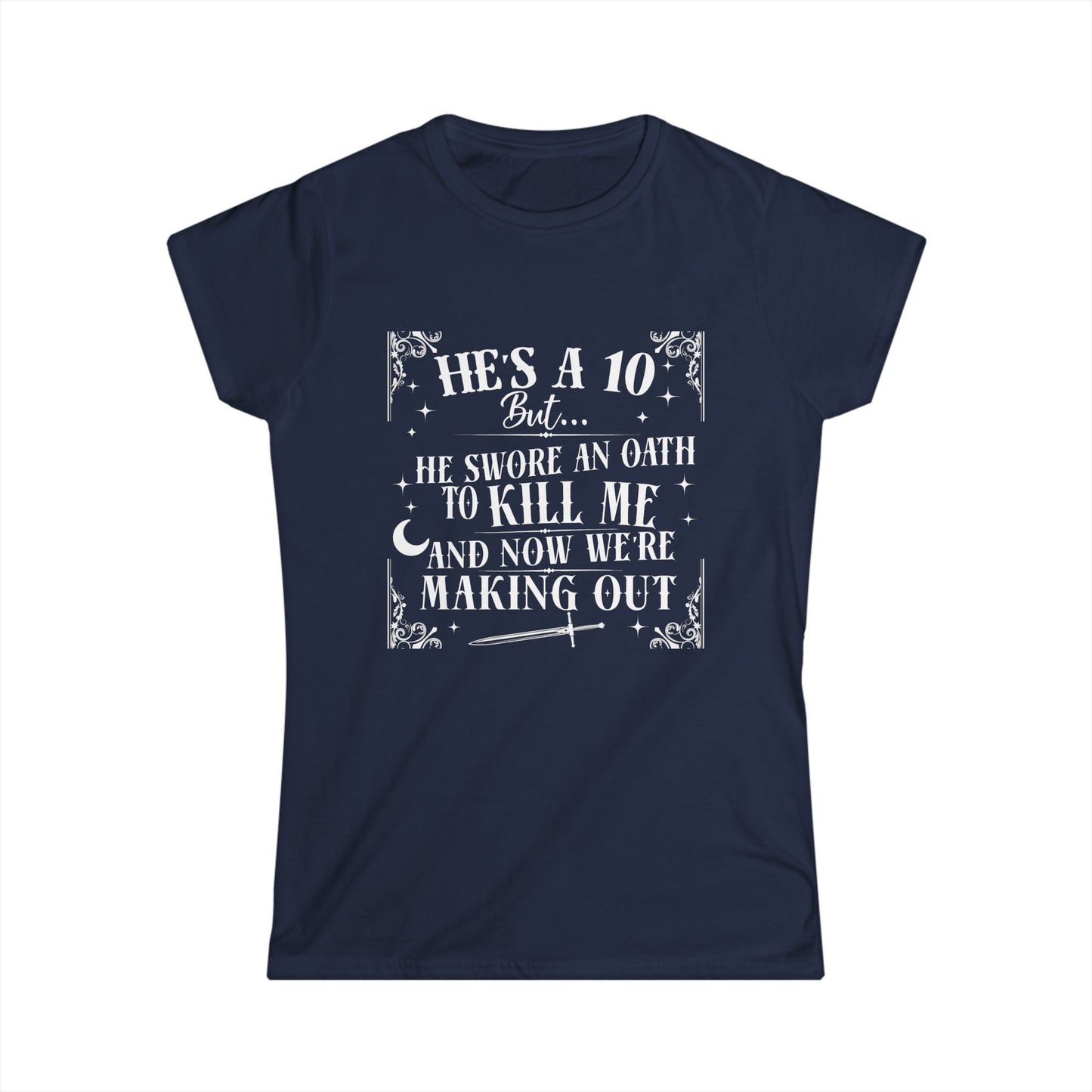 Navy blue t-shirt with white text on a white background