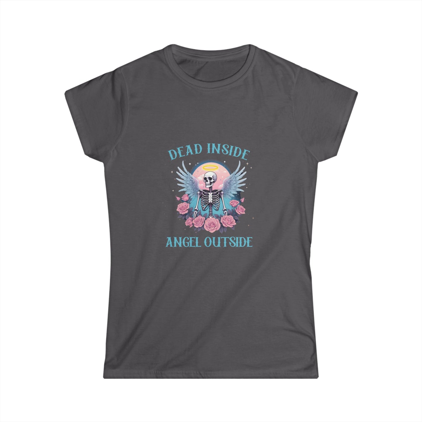 Gray t-shirt with a skeleton and floral design on a white background