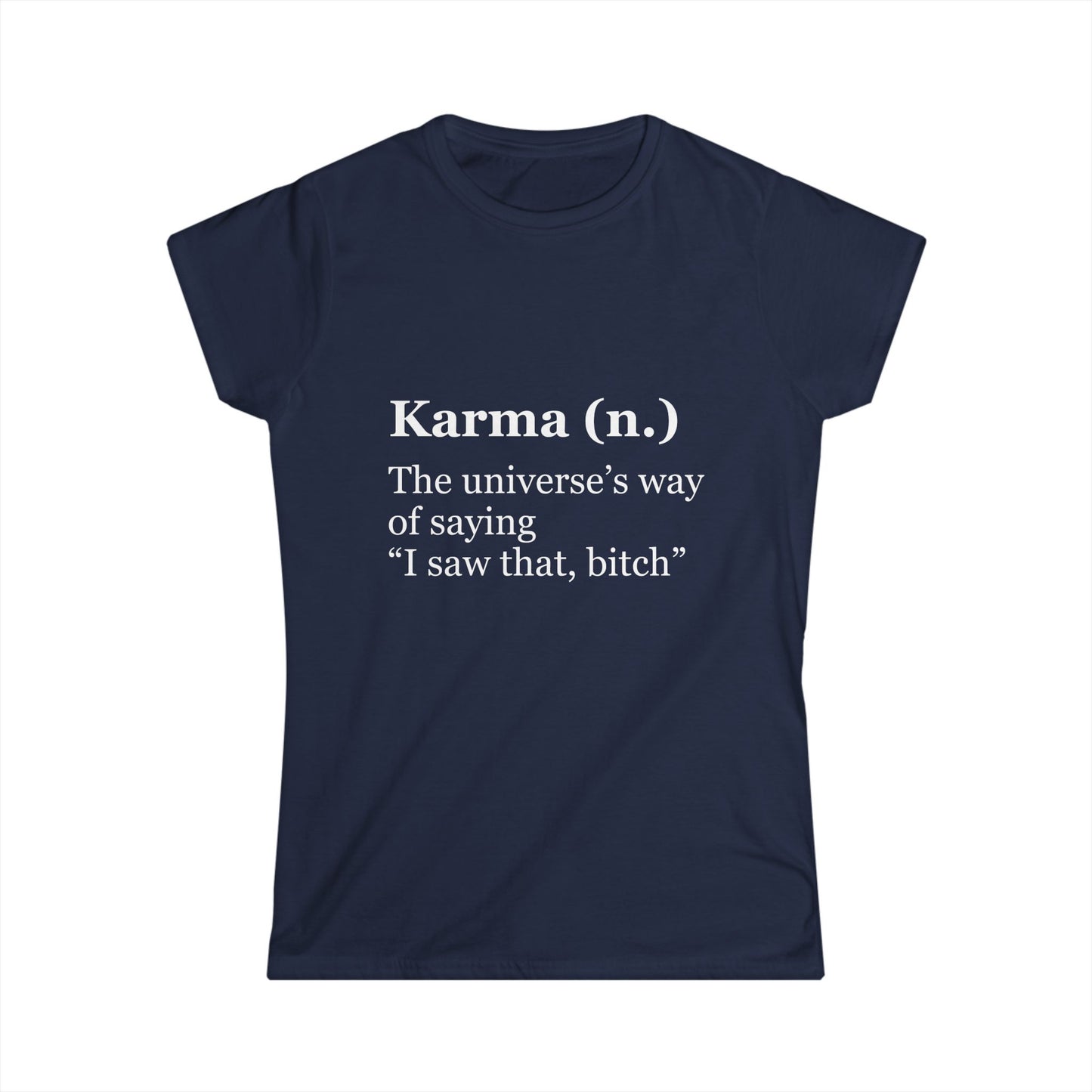 Navy blue t-shirt with white text on a white background